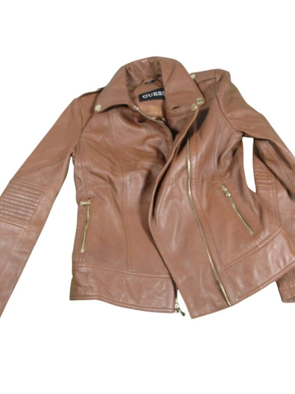 Guess Womens Brown Leather Moto Biker Jacket Size Small Floral Lining Zip Up